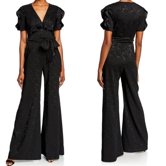 Black Wide Leg Cocktail Jumpsuit XS Satin V Neck Floral Flared Jill Stuart $295 - Picture 2 of 9